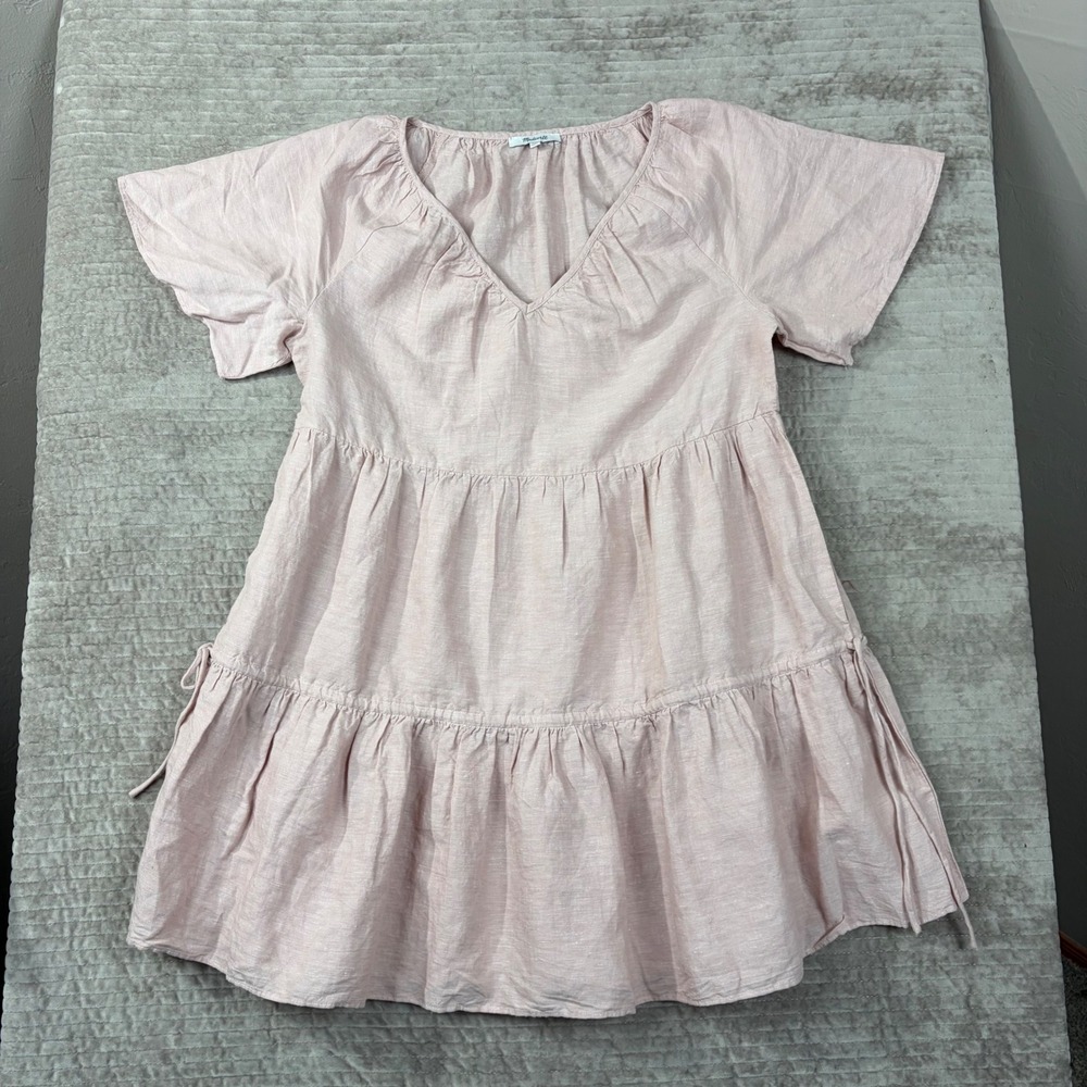 Madewell Pink Linen Blend Tiered Mini Dress V-Neck Short Sleeve NE769 Large